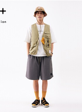 金利来 g+潮牌宽松工装灰色直筒短裤男士休闲橡筋腰头廓形五分裤