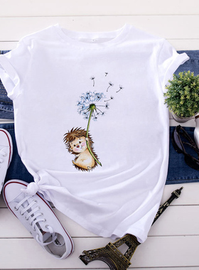 Round neck casual digital print T-shirt圆领休闲数码印花T恤女