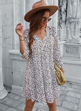 Printed Dress Flowy Sexy A-Line Skirt印花连衣裙飘逸性感A字裙