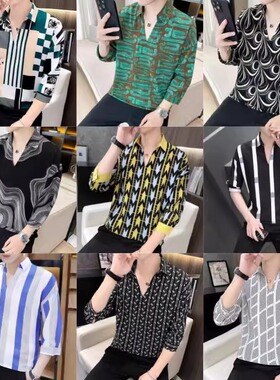 Printed V-neck pullover men's shirt印花V领套头七分袖男士衬衣