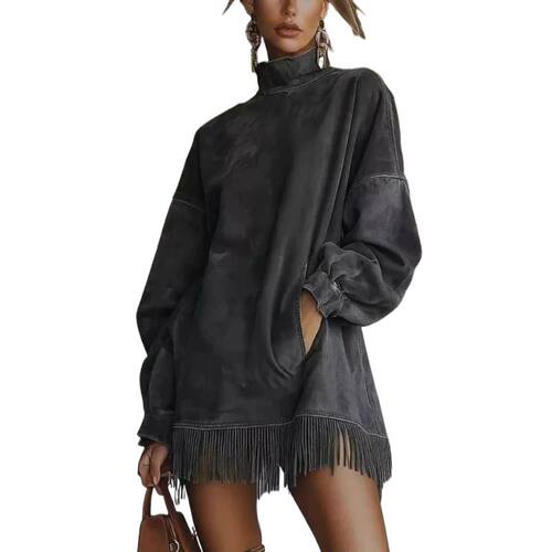 高领长袖流苏短裙 High neck long sleeved fringed pocket dress