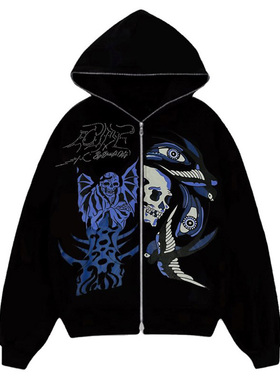 Printed loose casual hooded cardigan印花宽松休闲情侣连帽开衫