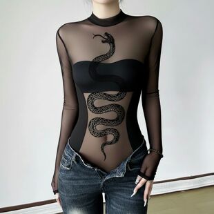 high semi neck top women 蛇纹网纱半高领上衣Serntine for mesh