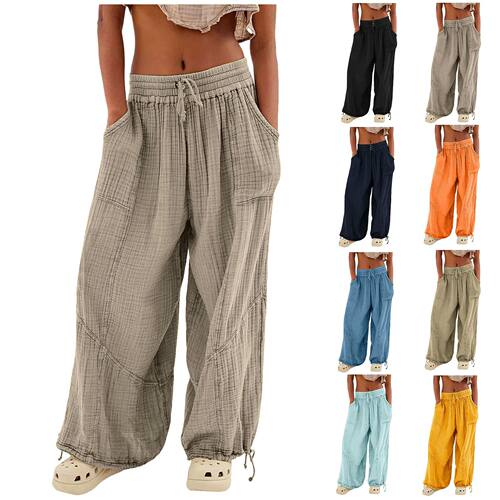 纯色绑带口袋阔腿裤女 Solid color strap pocket wide leg pants