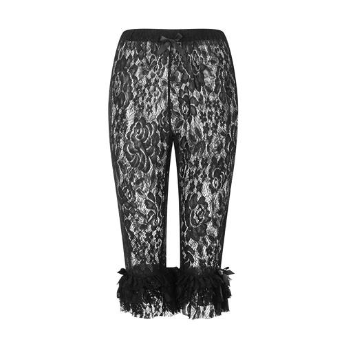 Women Lace Ruffle Capri Leggings Sheer Mesh Elastic High Wai