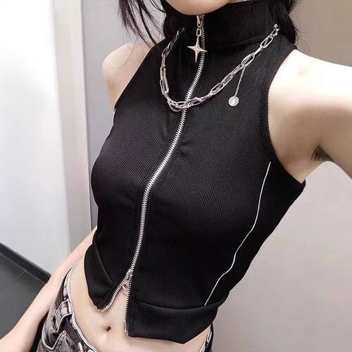 夏季女士高领拉链无袖夹克
