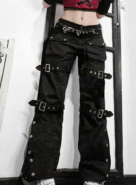 Metal Buckle Denim Straight-Leg Trousers金属扣牛仔直筒长裤女