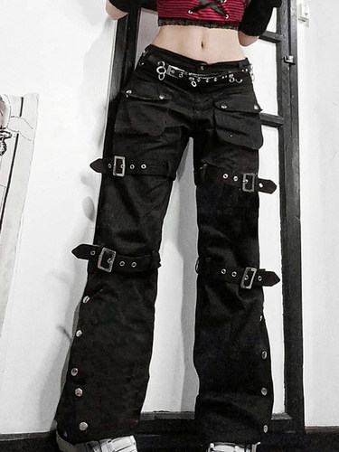 Metal Buckle Denim Straight-Leg Trousers金属扣牛仔直筒长裤女