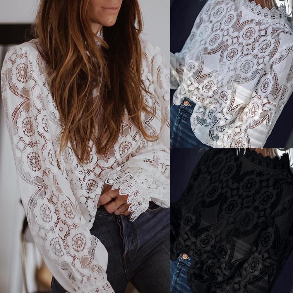 Stand Collar Lace Balloon Sleeve Shirt休闲立领蕾丝气球袖衬衫