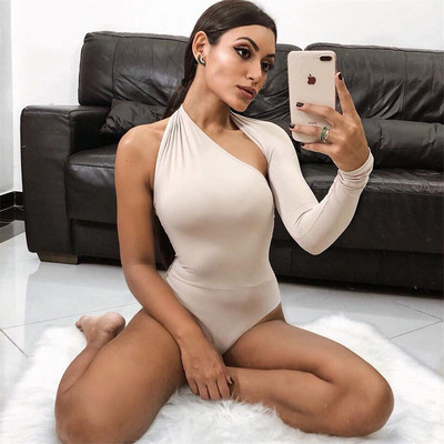 Solid Color One Shoulder Long Sleeve Bodysuit 单肩紧身连体衣