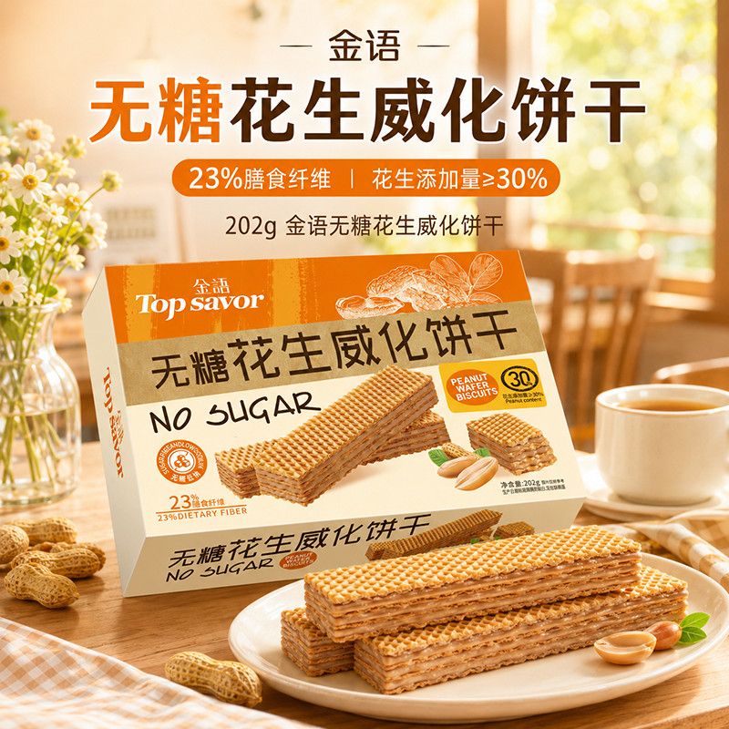 澳门金语无糖花生威化饼干健康零食代餐食品解馋休闲网红小吃