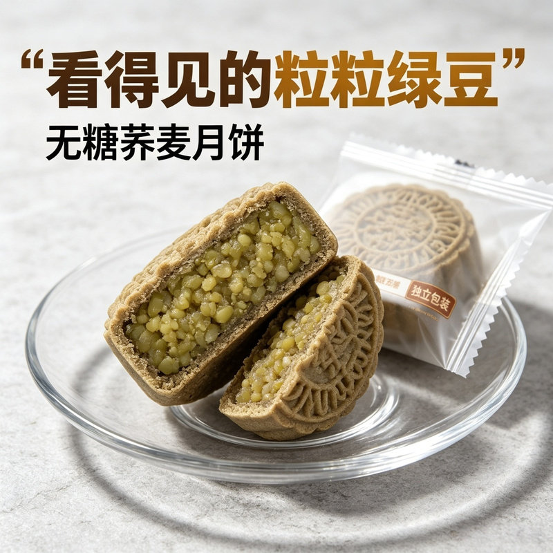 无糖荞麦粒粒绿豆月饼中老年人爱吃粗粮早餐糕点中秋节送长辈精品