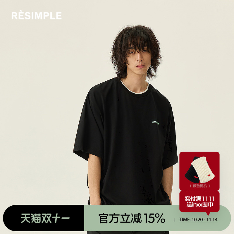 RESIMPLE简单点短袖T恤男圆领基础款上衣女潮牌拼接领子半袖0638