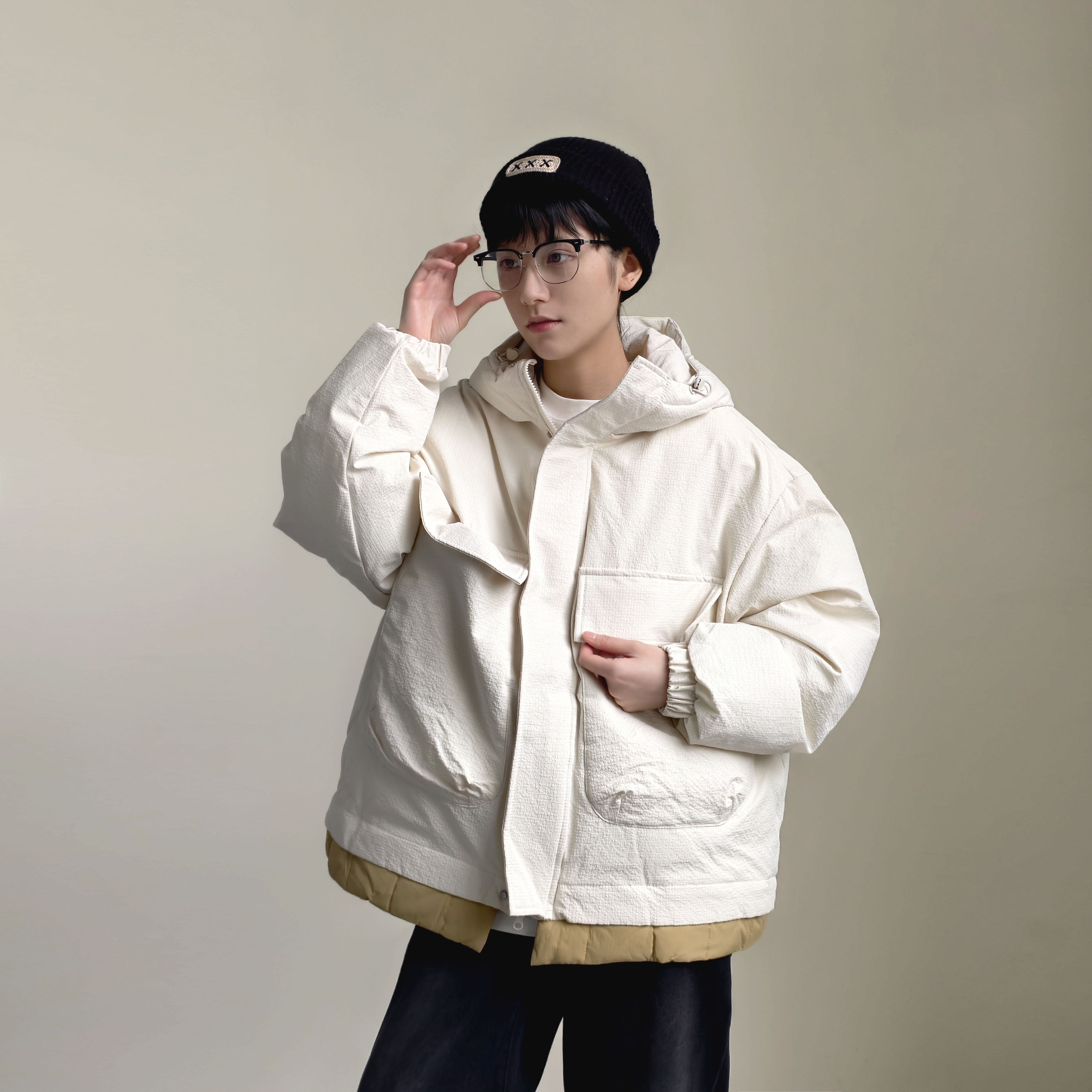 ZC美式冬季学院风撞色假两件厚棉衣外套男宽松百搭保暖连帽棉服潮