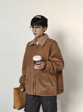 Z＆C新年美式冬款复古羊羔绒麂皮一体高级感棉衣男休闲保暖厚外套