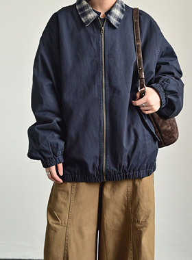 ZC原创美式复古格子拼接假两件夹克男女宽松休闲百搭情侣外套上衣