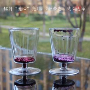 啤酒杯轻奢高档8oz双层高脚红酒杯夹层爱心亮片耐热玻璃高脚果汁