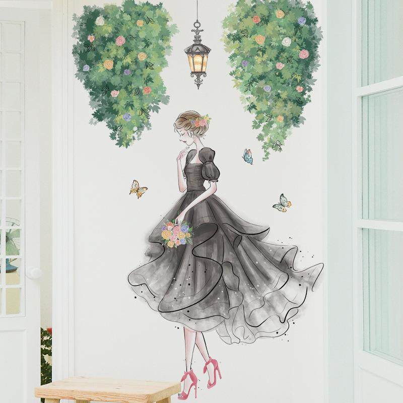 儿童房装饰画可爱女生宿舍装饰贴纸女生背影绿叶藤蔓墙壁装饰贴画