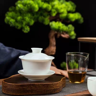 潮州骨瓷大中小纯白三才盖碗功夫茶陶瓷茶具品茗杯茶杯单个泡茶器