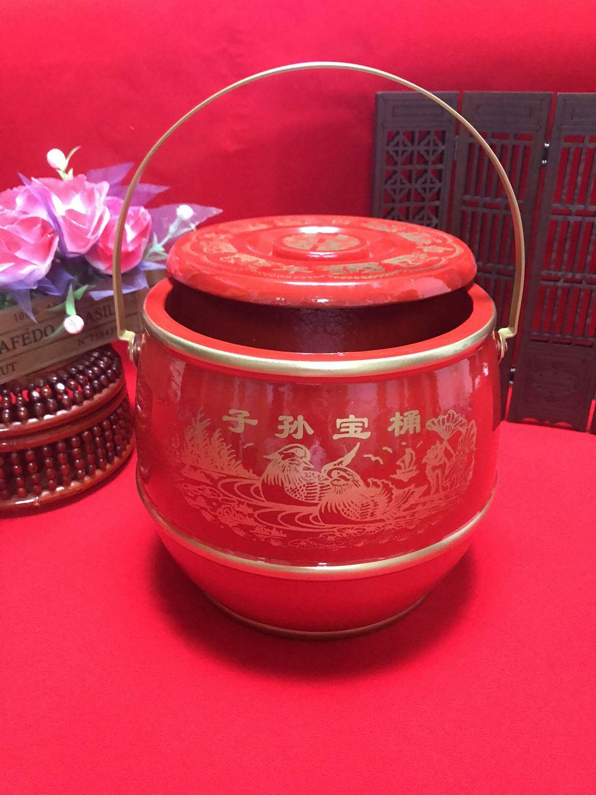 子孙桶结婚婚庆大号实木实木马桶用品摆件大手柄马桶送五宝