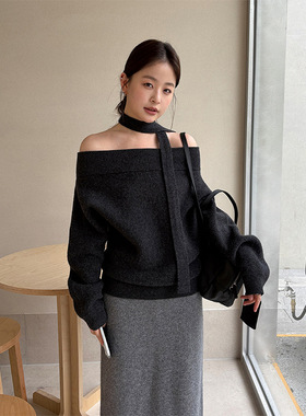 TG 氛围感温柔一字露肩飘带显瘦羊毛针织毛衣女2025冬季新款25976