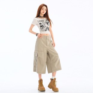 夏季潮牌多口袋工装七分裤美式宽松感阔腿休闲裤女
