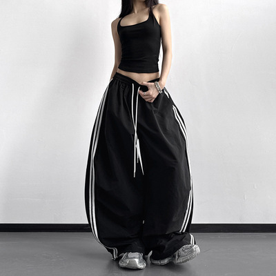 黑色撞色条纹抽绳阔腿裤女2026春季新款宽松感休闲运动风长裤