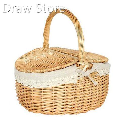 Handmade Large Wicker Basket with Handle Picnic Willow Woven