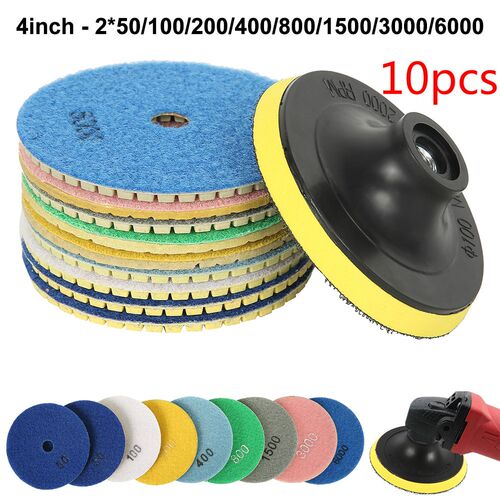 10Pcs 4Inc 100mm Diamond Polishing Pads Kit 50-6000 Grit Wet