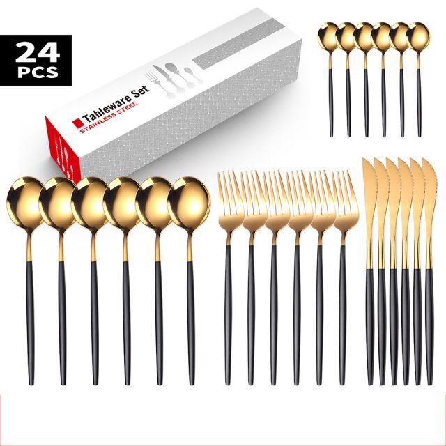 24pcs Gold Dinnerware Set Mirror Stainless Steel Full Tablew