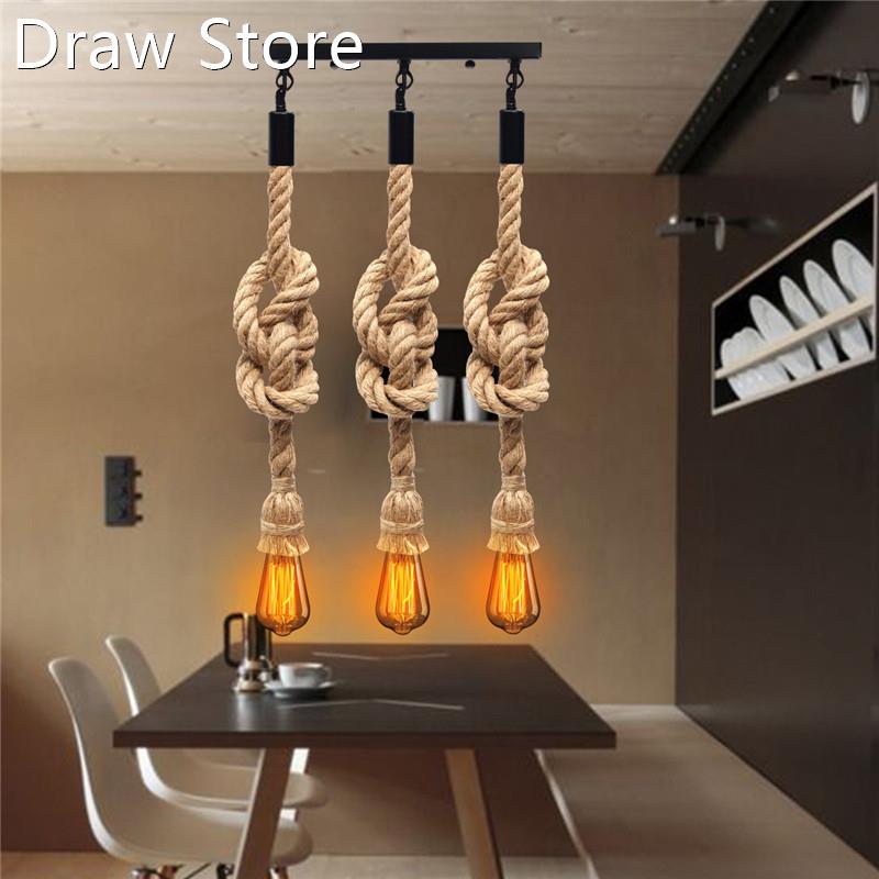 E27 Retro Three Head Hemp Rope Pendant Lamps Bulb Holder Han