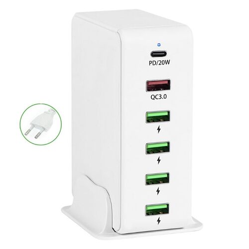 EU Plug 6-Ports 18W QC 3.0 USB 20W PD Type C Fast Charger Ad