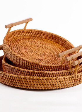 Wooden Handle Round Handwoven Rattan Fruit Storage Tray Wick