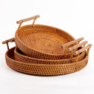 Wooden Handle Round Handwoven Rattan Fruit Storage Tray Wick