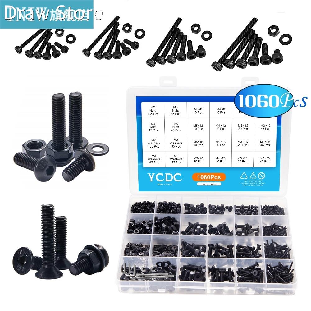 1060pcs M2 M3 M4 M5 Hex Socket Screws Set Carbon Steel Flat