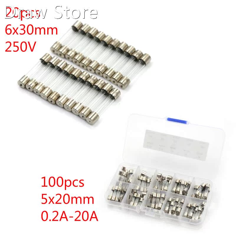 20/100pcs 5*20mm 6*30mm Fuse Assorted Kits DIY Quick Blow Gl