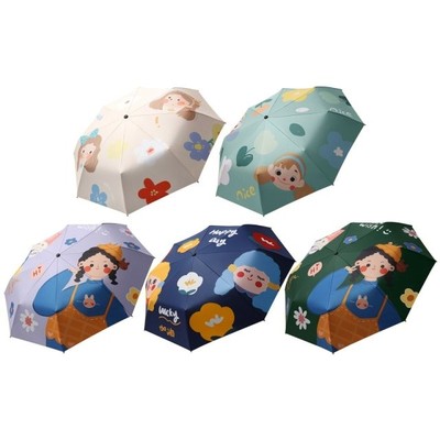 2022 New Cartoon Girl Print Sunproof Folding Umbrella with W