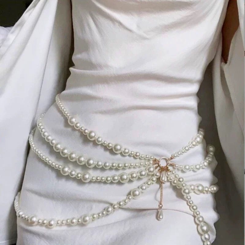thumbnail for European and American style multi-layered pearl waist chain necklace layered with tassels Shijia sexy waist ornament women's pure desire style body chain