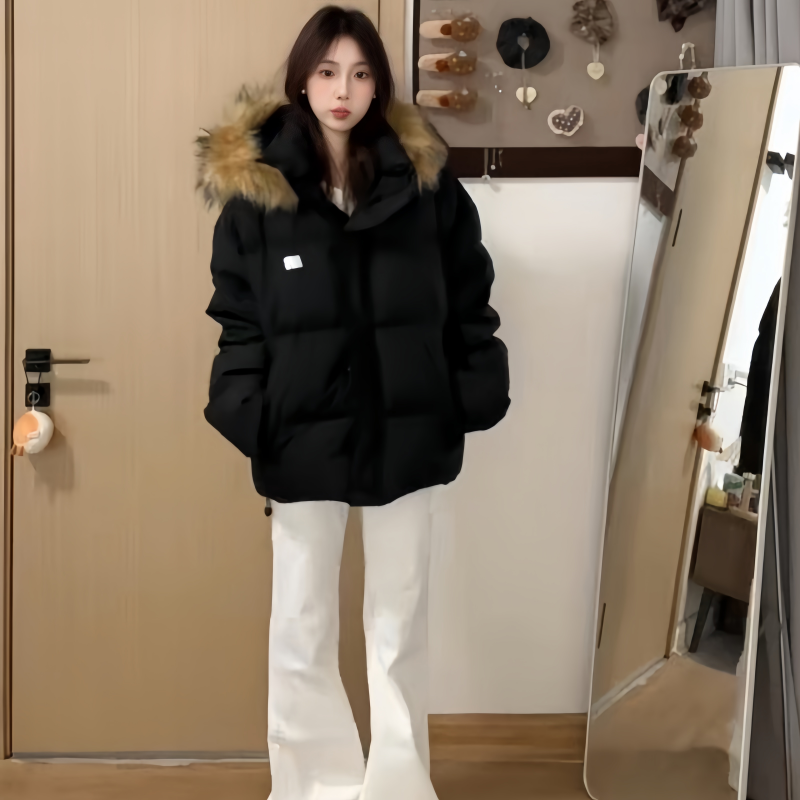 冬季新款美式潮牌毛领连帽棉服女