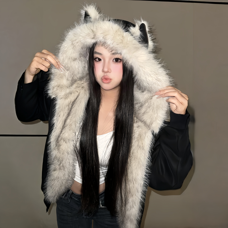麂皮绒猫耳高级感座山雕加厚棉衣