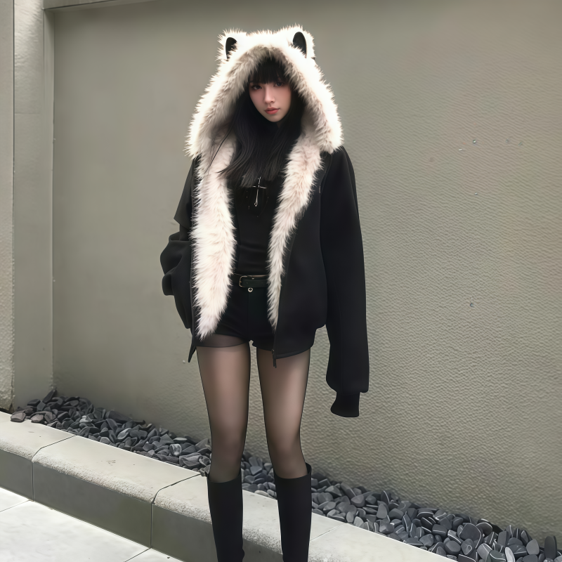 麂皮绒猫耳高级感座山雕加厚棉衣