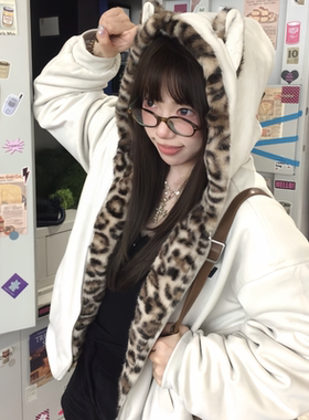 2025冬季新款美式复古猫耳豹纹棉服女短款宽松保暖学生棉衣外套潮