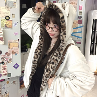 复古猫耳豹纹棉服女短款 美式 宽松保暖学生棉衣外套潮 新款 2025冬季
