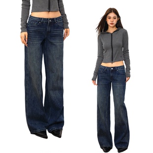 宽松显瘦百搭拖地裤 @SOHOT复古深蓝低腰直筒阔腿牛仔裤 女新款