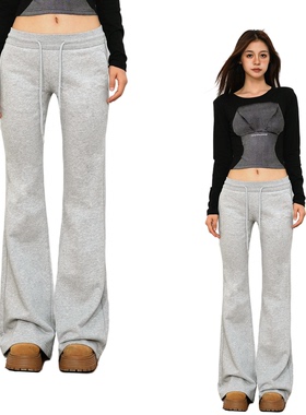 2025秋美式复古低腰裤女微喇卫裤女修身显瘦喇叭裤垂感拖地裤子