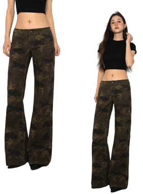 SOHOT美式复古微喇低腰牛仔裤女新款辣妹不贴腿迷彩喇叭裤女裤夏