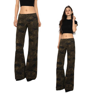 SOHOT美式复古微喇低腰牛仔裤女新款辣妹不贴腿迷彩喇叭裤女裤夏