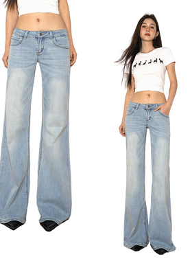 美式复古水洗微喇叭牛仔裤女夏季新款浅色辣妹拖地裤低腰阔腿裤