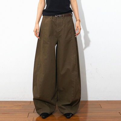 复古设计感咖色宽松阔腿弯刀裤