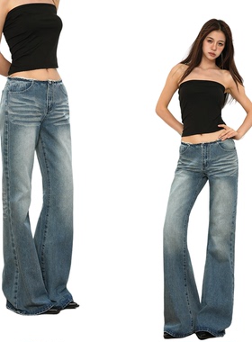 美式宽松不贴腿喇叭牛仔裤女2025新款低腰辣妹无腰头微喇裤子女